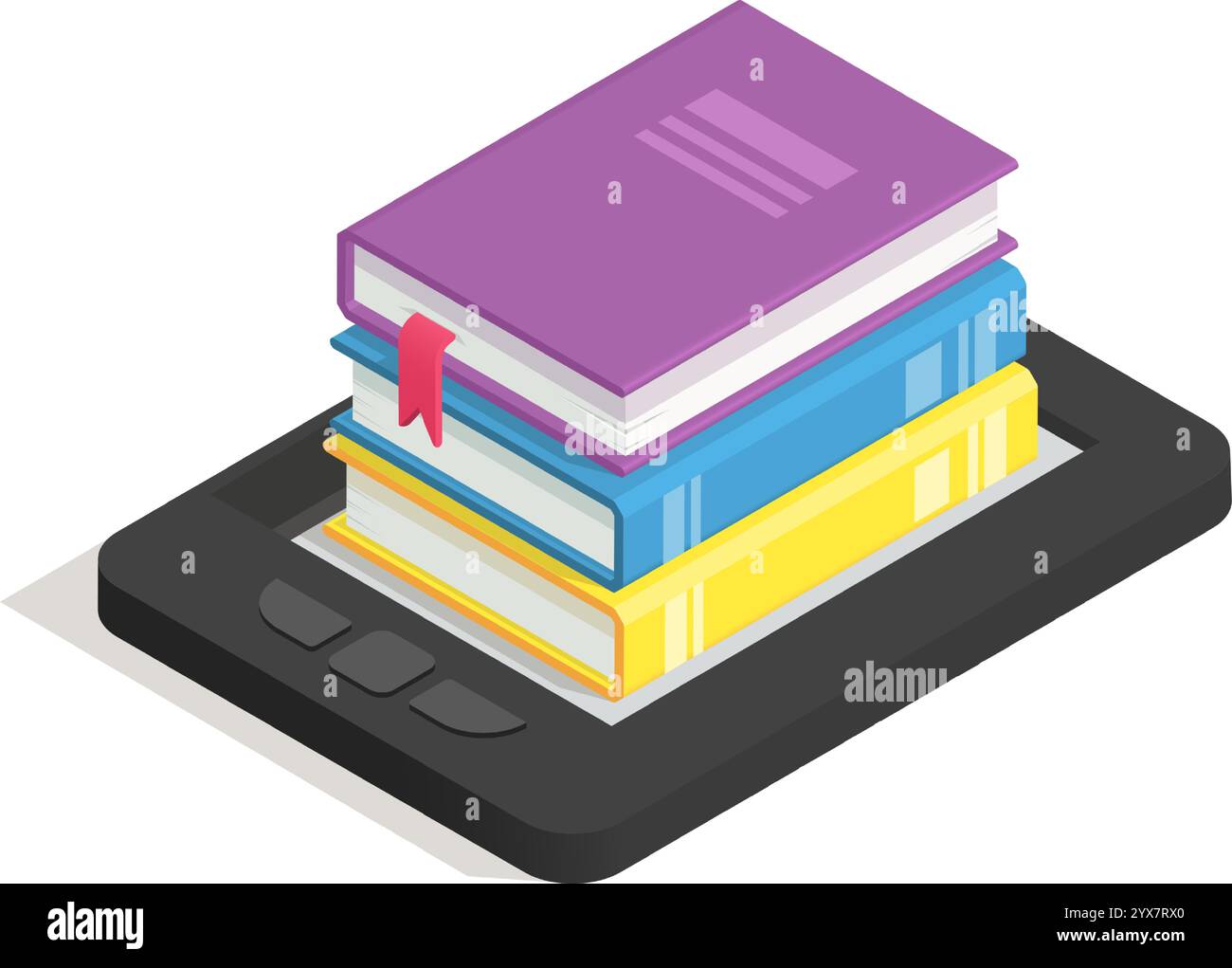 Isometrische Ansicht eines Stapels von bunten Büchern mit Lesezeichen auf einem schwarzen E-Reader, die das Konzept der digitalen Bibliothek und E-Books darstellen Stock Vektor