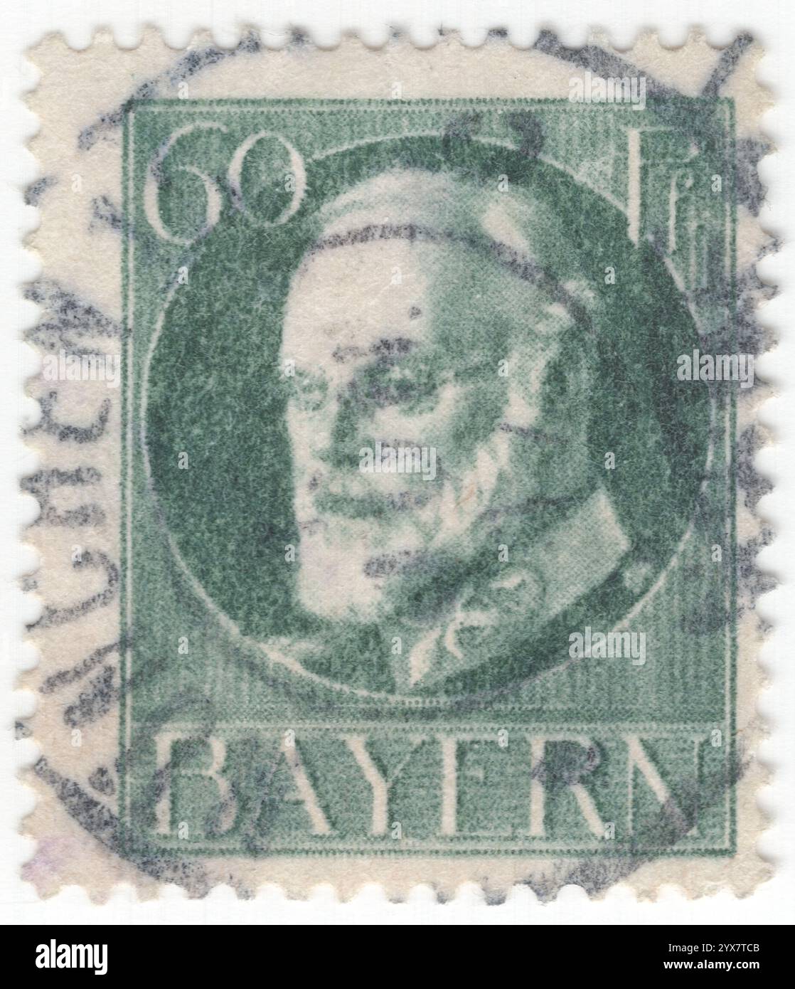 BAYERN — 1914. März 30: 60 pfennig blau-grüne Briefmarke mit Porträt König Ludwig III. (Ludwig Luitpold Josef Maria Aloys Alfred; 7. Januar 1845 – 18. Oktober 1921) war der letzte König von Bayern, der von 1913 bis 1918 regierte. Anfangs diente er als Leutnant im bayerischen Militär und bekleidete den Rang eines Oberleutnants während des Preußisch-Österreichischen Krieges. Im Alter von 18 Jahren trat er in die Politik ein und wurde Mitglied des Bayerischen bundestages und war ein leidenschaftlicher politischer Teilnehmer, der Wahlreformen unterstützte. Später diente er als Regent und de facto als Staatsoberhaupt Stockfoto