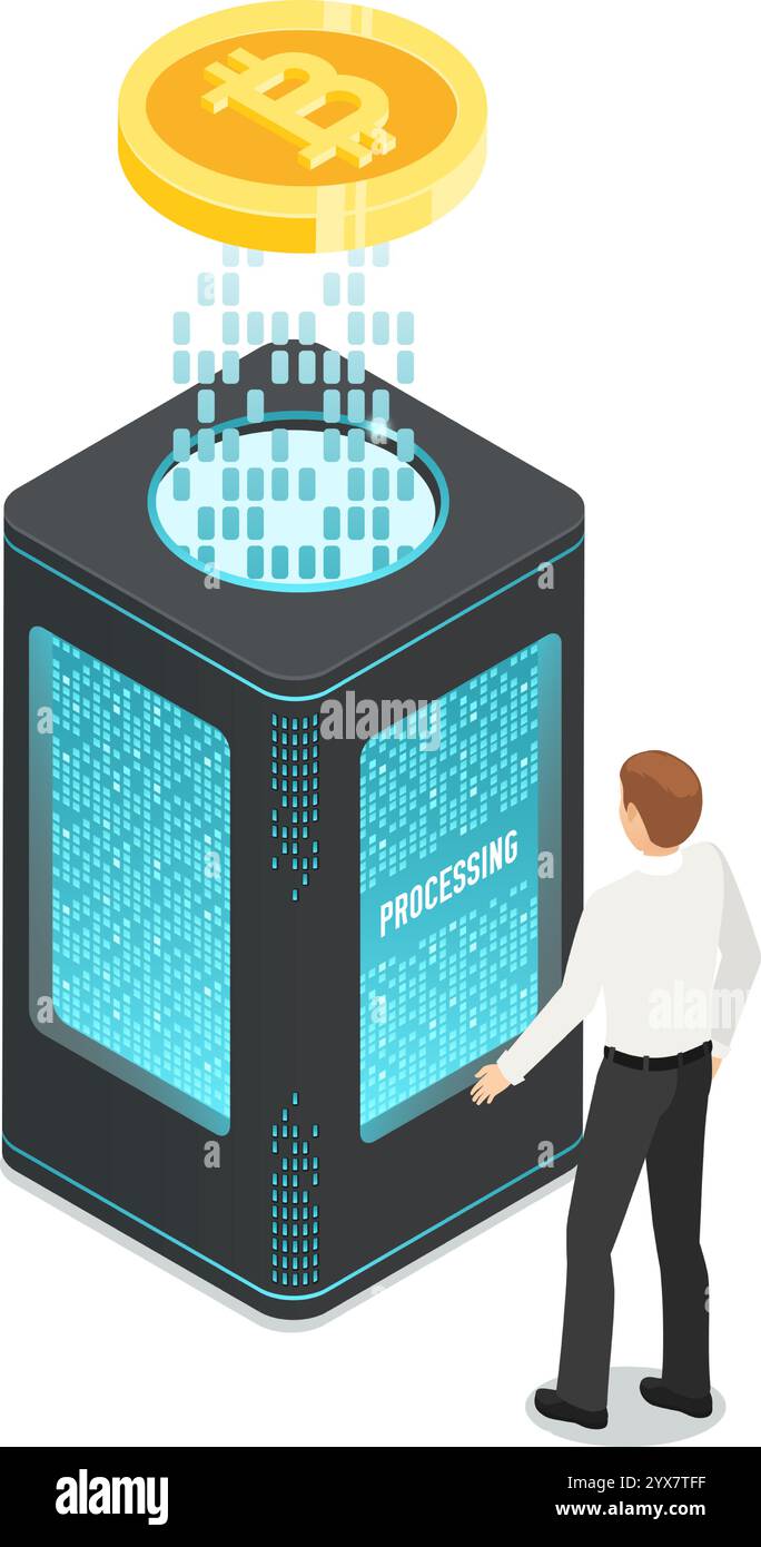 Programmierer, der Kryptowährungen-Mining auf einem leistungsstarken Server-Tower mit Daten zur Verarbeitung digitaler Münzen und isometrischer Vektordarstellung der Blockchain verwaltet Stock Vektor