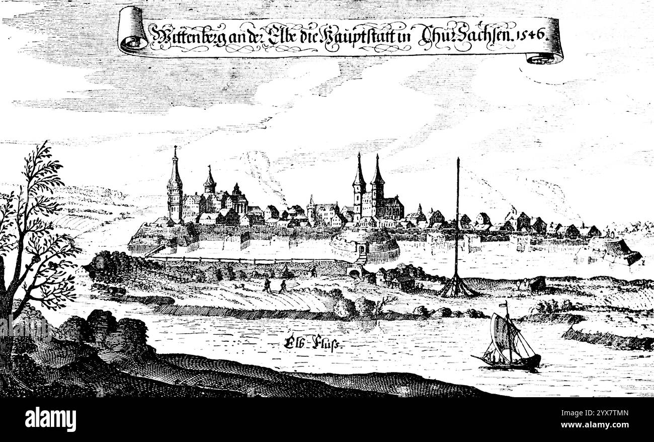 Kupferstich von 1546 der Stadt Wittenberg an der Elbe, Blick auf die sächsische Landeshauptstadt, Festung, Stadtmauer, Segelkahn, Kirchen, hallo Stockfoto