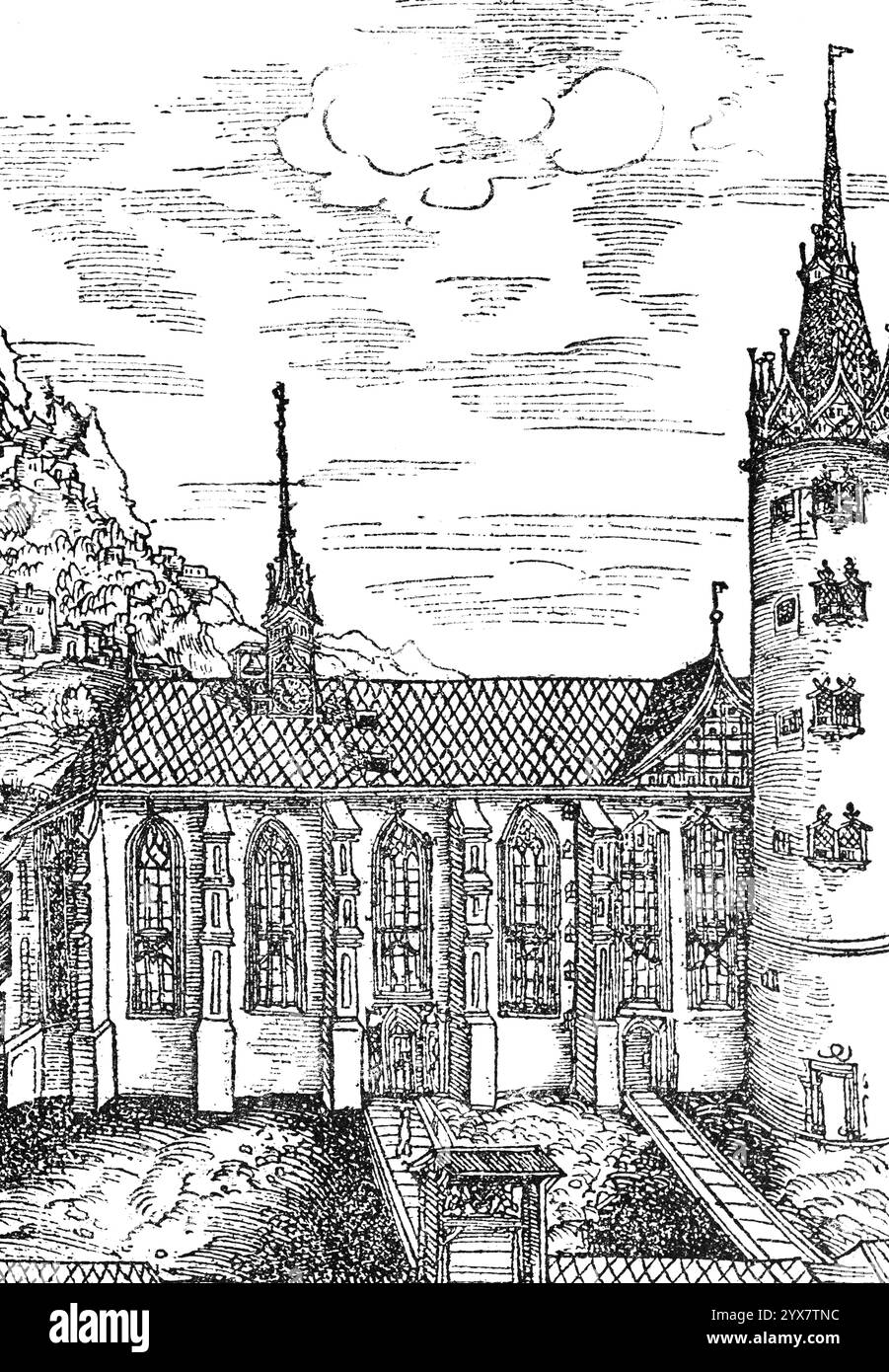 Burgkirche in Wittenberg, Illustration aus dem Wittenberger Heiligtum von 1509, Rundturm, Kammturm, historische Illustration 1883 Stockfoto