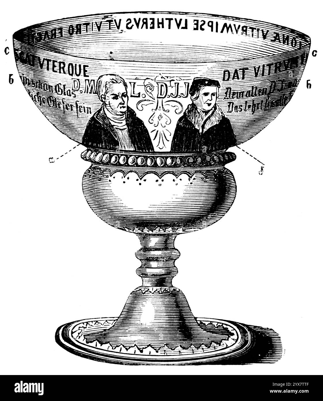 Jonas Glas mit Protraits von Luther (links) und Jonas (rechts), Texte mit Versen von Martin Luther, Kelch, Inschrift, Jurist, Autor von Hymnen, Prov Stockfoto