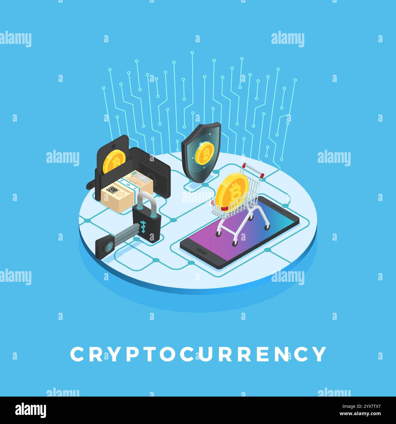 Kryptowährung, Einkaufswagen, Geldbörse, Mobiltelefon, Schild und Vorhängeschloss sind auf einer Leiterplatte miteinander verbunden und veranschaulichen das Online-Shopping Stock Vektor