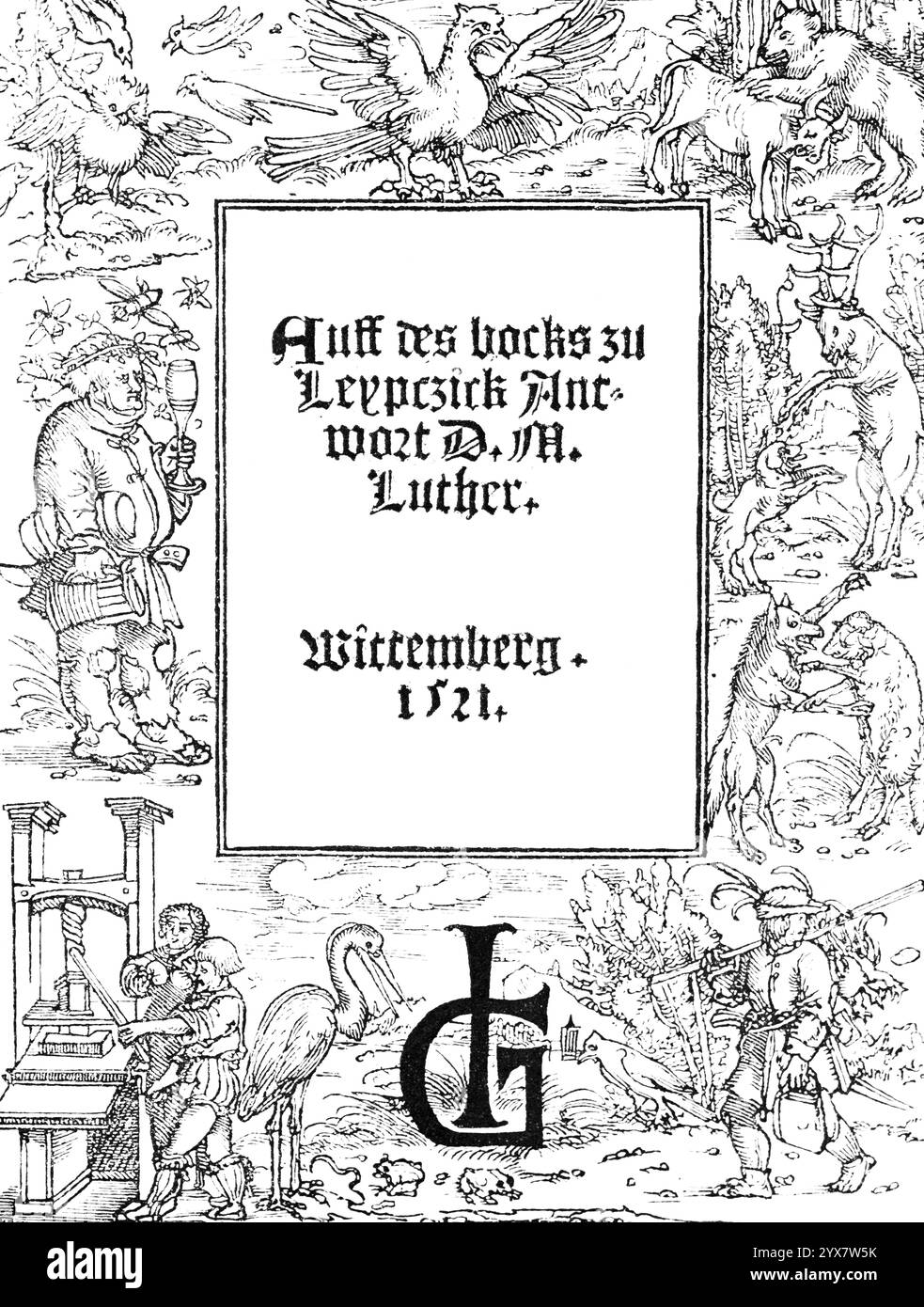 Faksimile, Titel des Bann Bullen und Martin Luthers Antwort von 1521, über die Ziege in Leipzig, Tiermotive, Buchdruck, Weintrinker, Jagd, h Stockfoto