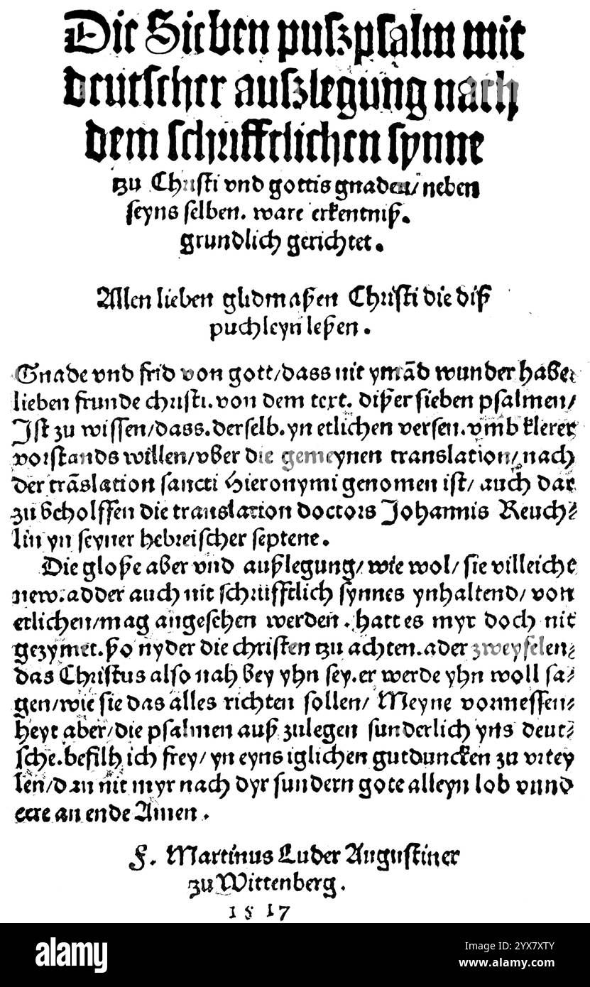 Faksimile, Titel und Vorwort zu Martin Luthers Buss-Psalmen von 1517, historische Illustration 1883 Stockfoto