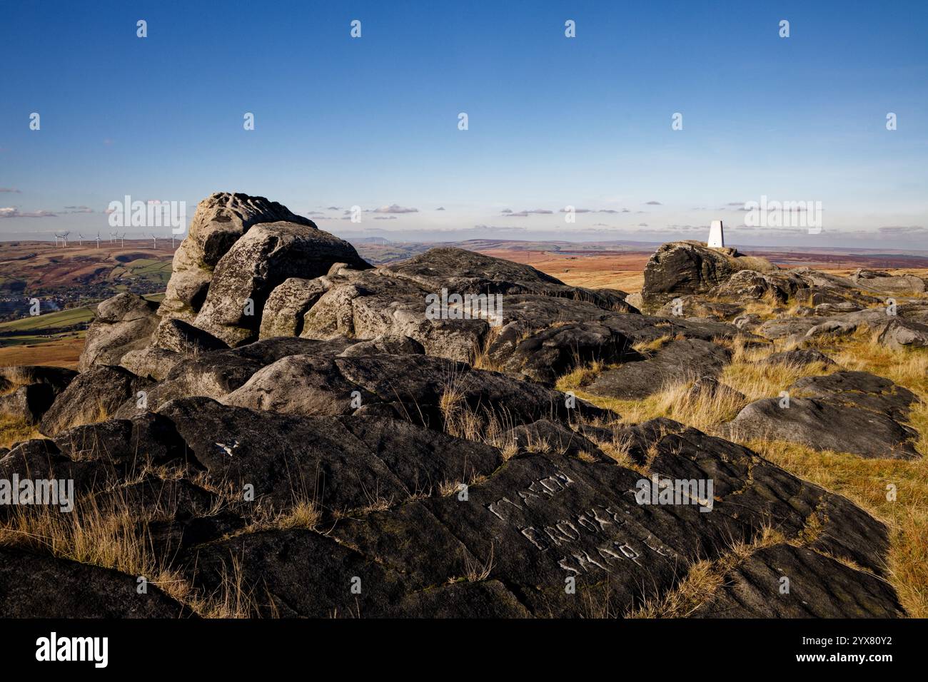 Blick vom Trig Point auf Blackstone Edge, Rochdale, England. Stockfoto