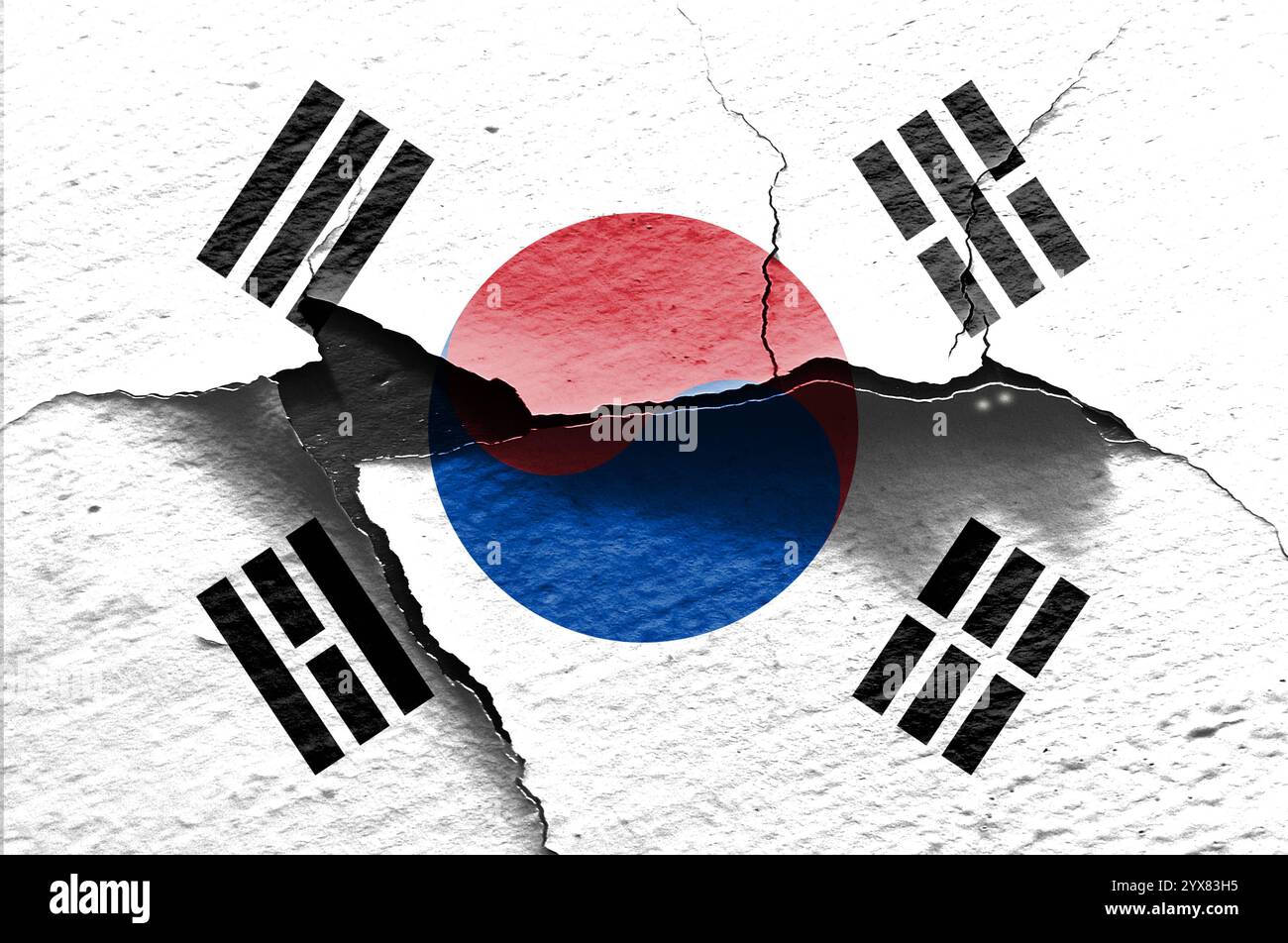 Hergestellt aus südkoreanischer Flagge und Riss. Konzept Darstellung Land Teilung oder Erdbeben, aus südkoreanischer Flagge und Riss. Konz Stockfoto