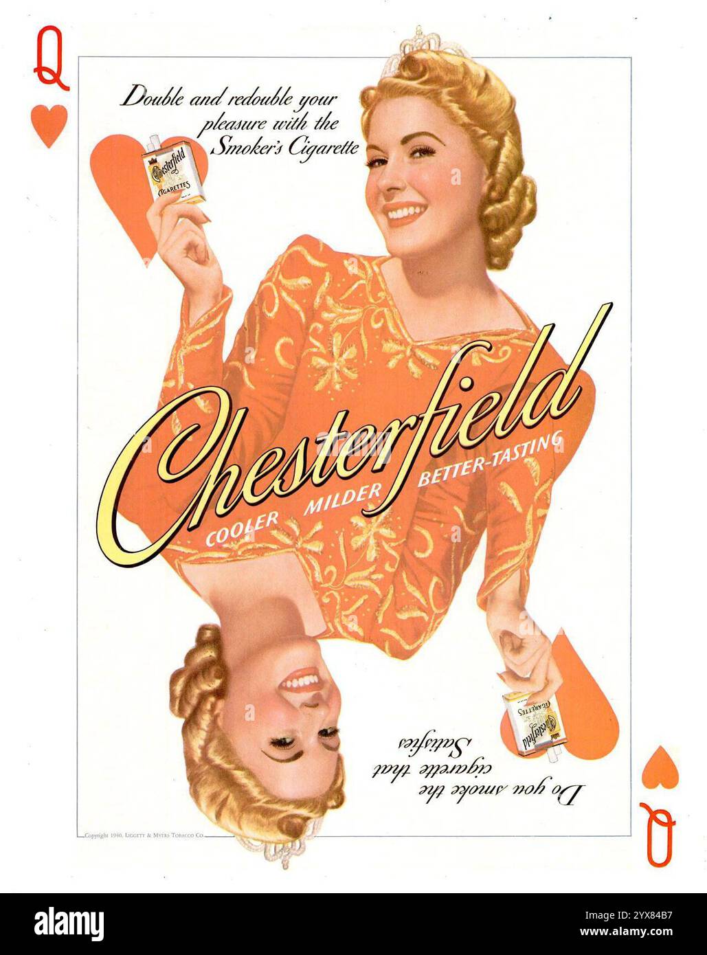 1940 Chesterfield Zigarettenwerbung – Herzkönigin-Karte Stockfoto