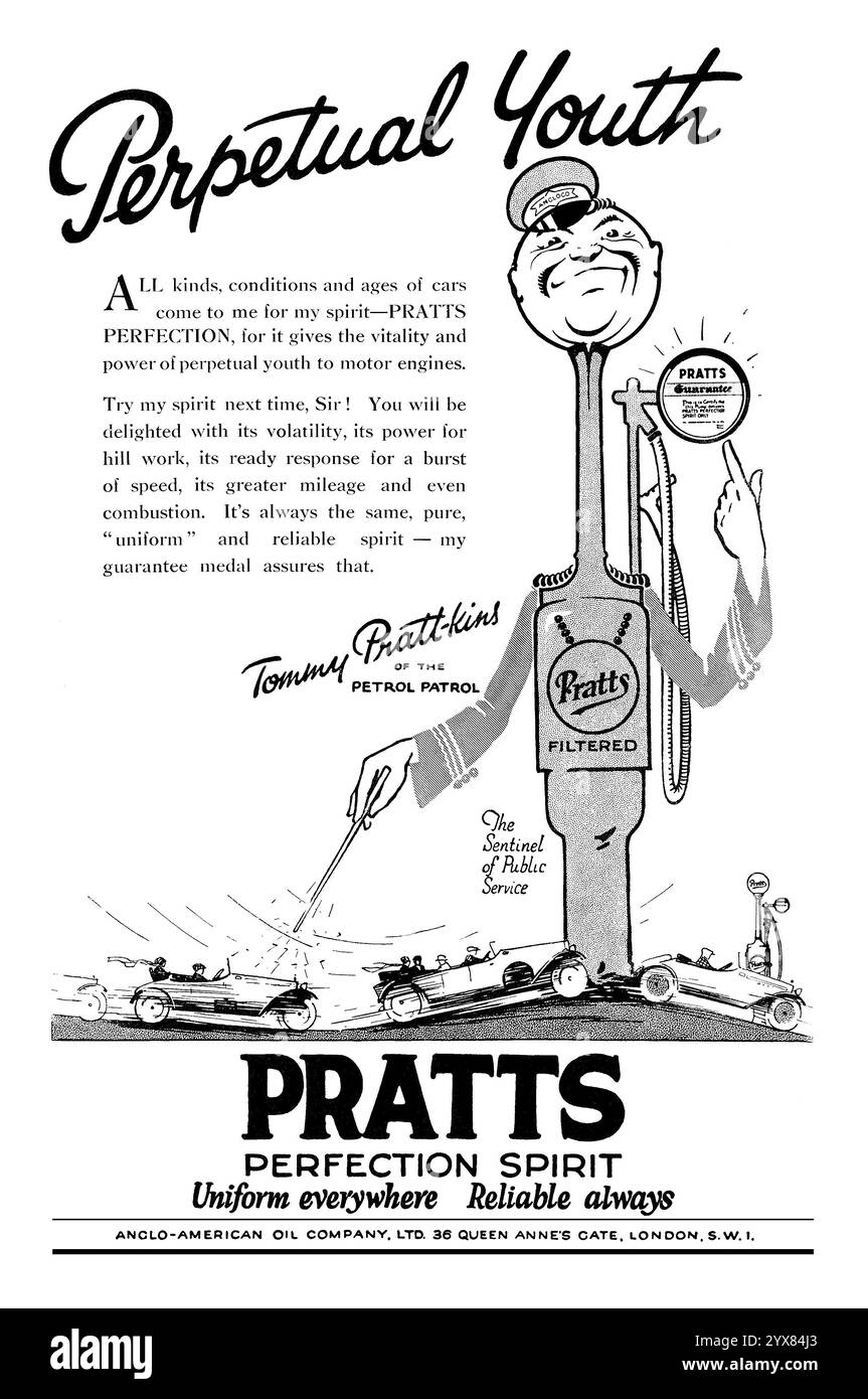1925 British Pratts Benzinwerbung - Anglo-American Oil Company Stockfoto
