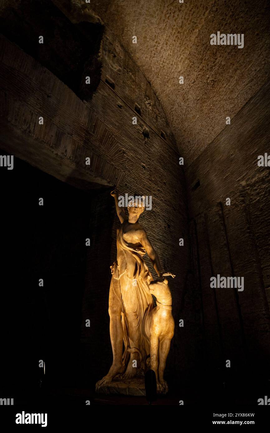 Rom, Italien. Dezember 2024. Blick auf die Statue der „Nymphe mit Panther“. Nach jahrelanger Schließung im Zusammenhang mit den Maßnahmen zur Sicherung und Verbesserung der Nutzung des Denkmals eröffnet der Archäologische Park des Kolosseums den westlichen Teil von Neros Residenz (Domus-Gebiet) wieder und eröffnet den neuen Eingang in der Galerie XXIV. In Zusammenarbeit mit den Uffizien in Florenz wird bei diesem Anlass die Statue der sogenannten „Nymphe mit Panther“ ausgestellt. (Foto: Stefano Costantino/SOPA Images/SIPA USA) Credit: SIPA USA/Alamy Live News Stockfoto