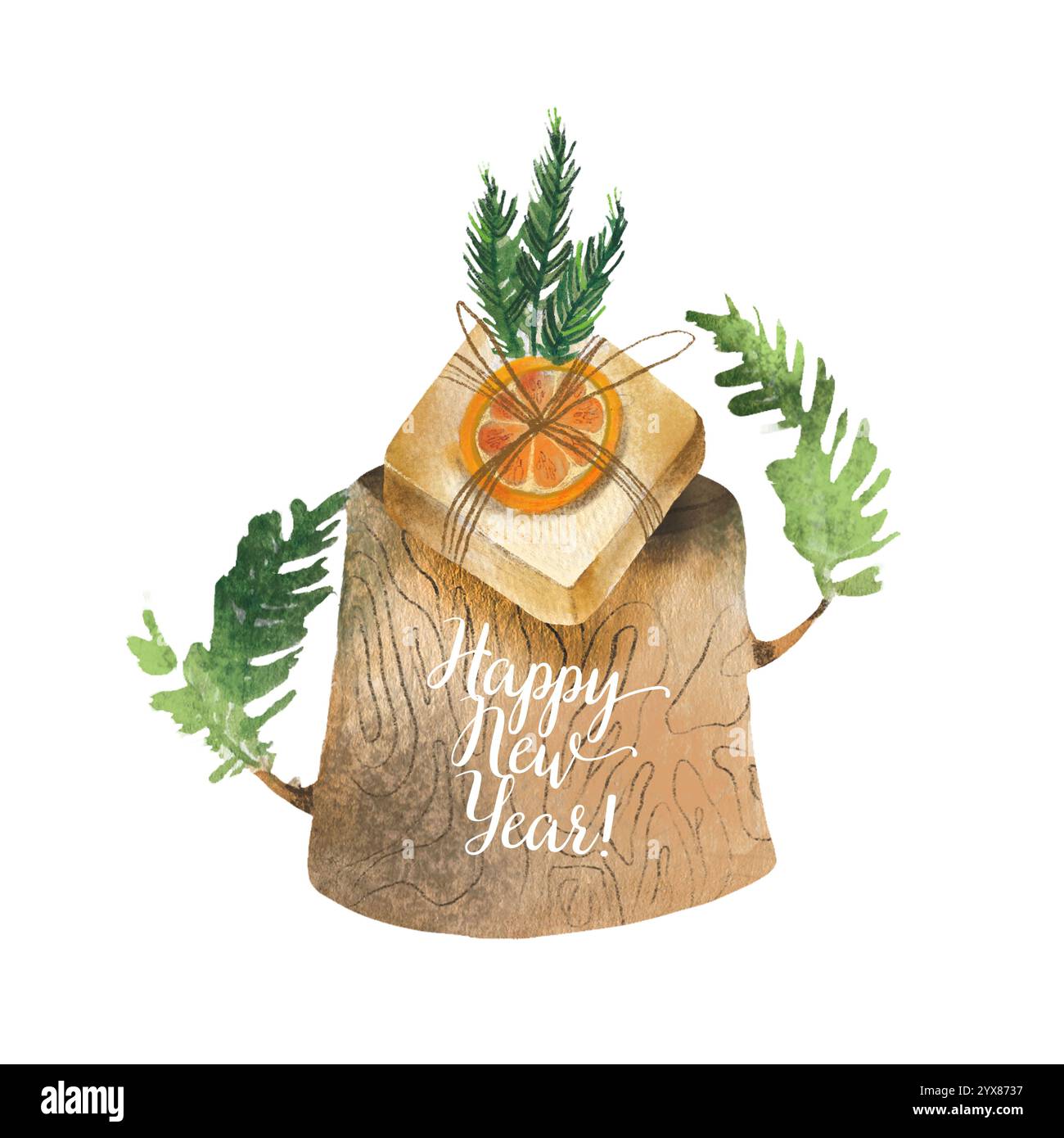 Eine Aquarellillustration mit einem rustikalen Holzstumpf, der mit einem ordentlich gewickelten Geschenk verziert ist Stockfoto