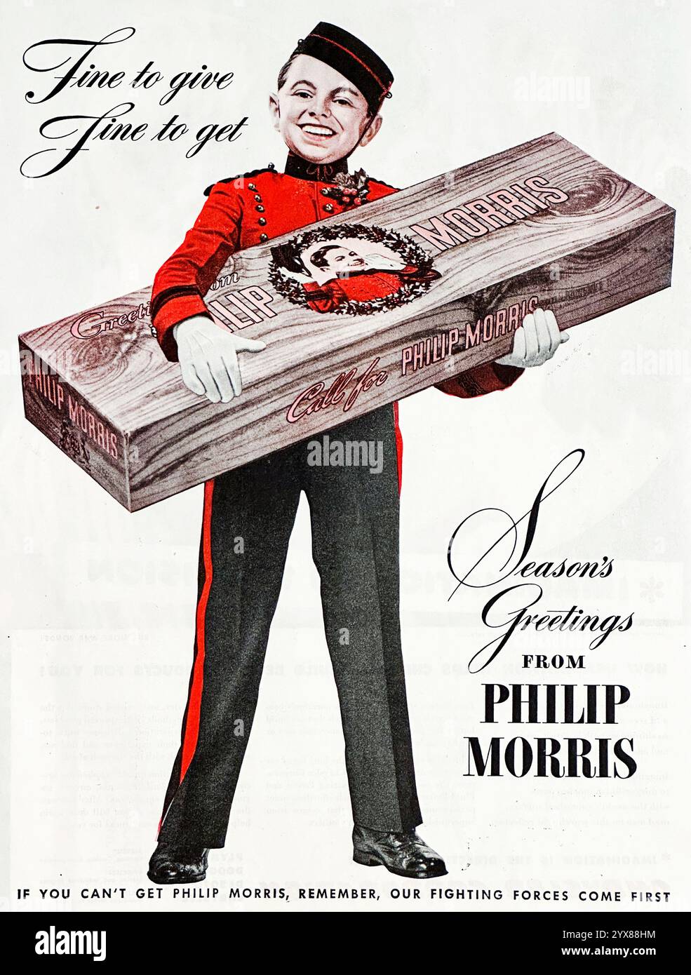 1944. WW2 Philip Morris Zigarettenwerbung mit Johnny Roventini Weihnachtsgrüße - "wenn du Philip Morris nicht kriegen kannst, denk daran, unsere Streitkräfte kommen an erster Stelle" Stockfoto