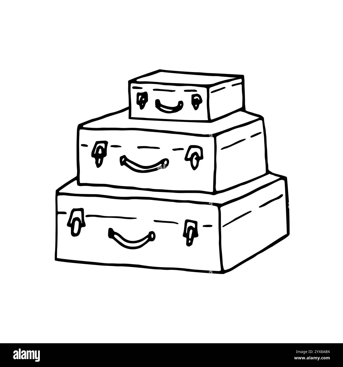 Quadratische Vintage-Koffer. Mit Metallbefestigungen. Eine handgezeichnete Umrissdarstellung. Stock Vektor