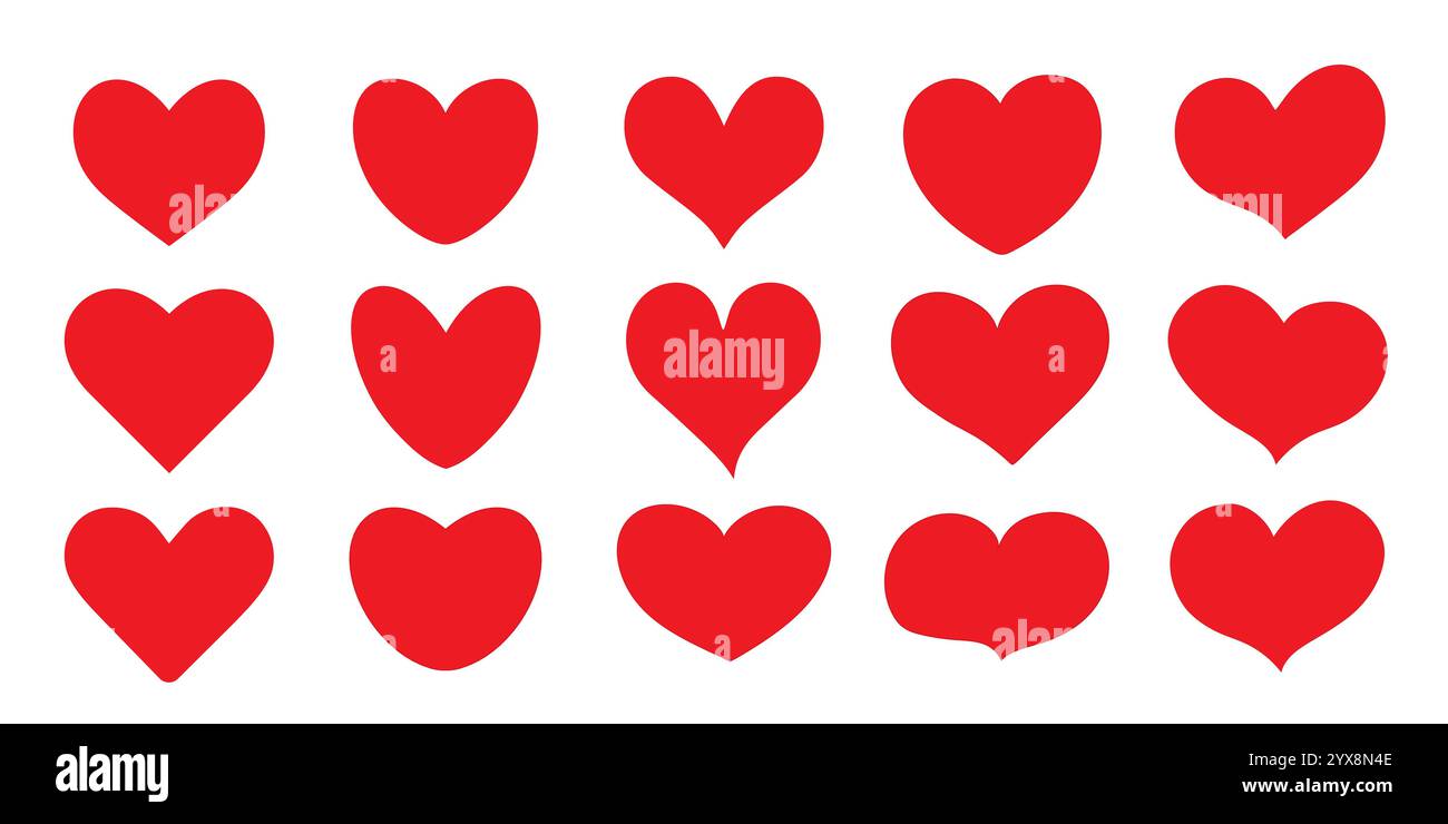 Ein Set von 15 roten Herzen auf weißem Hintergrund. Aufkleber von Herzen verschiedener Formen. Stock Vektor