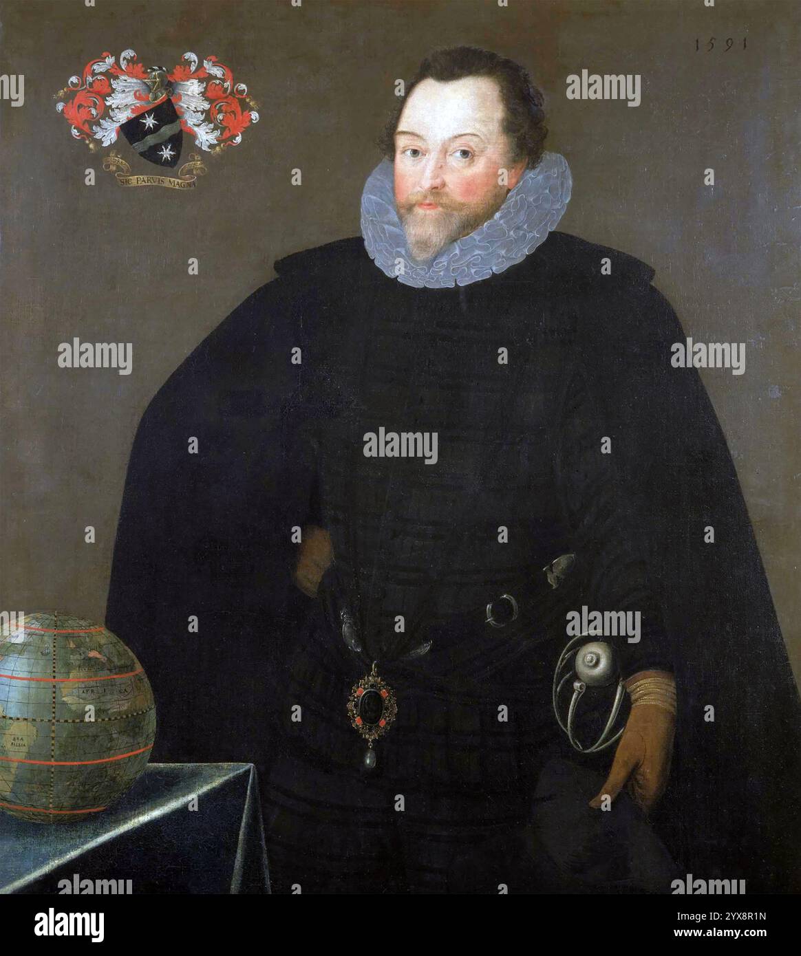 SIR FRANCIS DRAKE (1540–1596) englischer Seemann, Entdecker und Freibeuter in einem Gemälde des flämischen Künstlers Marcus Gheeraerts, 1591. Stockfoto