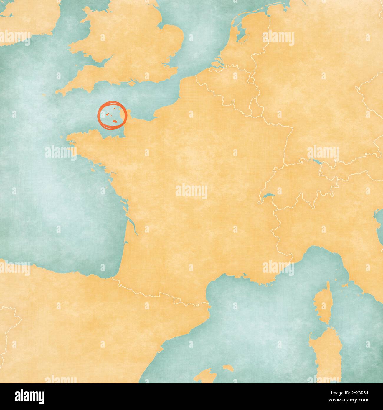 Kanalinseln auf der Karte von Frankreich in weichem Grunge und Vintage-Stil, wie altes Papier mit Aquarellmalerei. Stockfoto