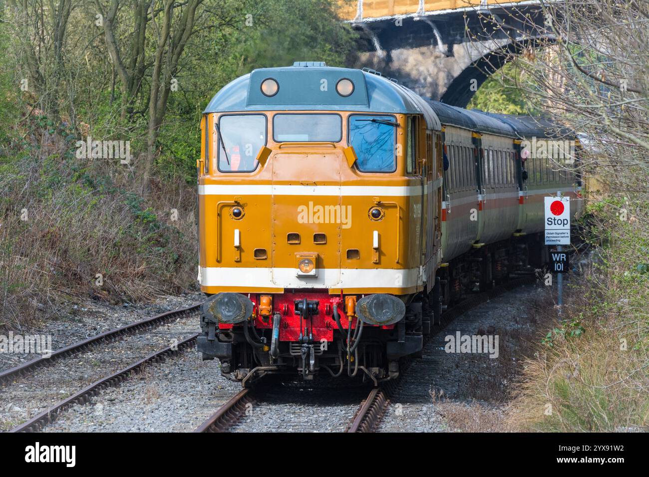 Erhaltener Dieselmotor der Baureihe 31 mit der Nummer 31190, der einen Zug unter eine Bogenbrücke in orange-weißer Lackierung zieht. Weardale Railway 2019 Stockfoto