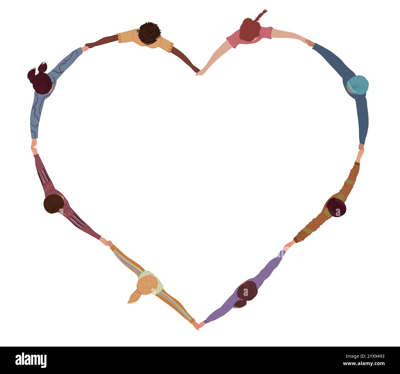 Kette einer Gruppe isolierter multikultureller Menschen von oben gesehen, die Hände halten und eine Herzform bilden. Zusammenarbeit im Team. Freiwillige Gemeinschaft Stock Vektor