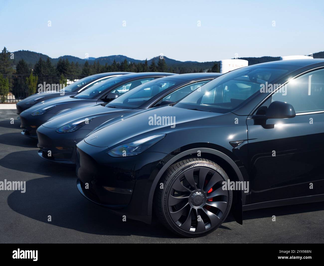 Großaufnahme von vier Tesla Elektroautos, die in einer Reihe stehen. Schwarzer Tesla Model Y gefolgt von Tesla 3 Fahrzeugen, Seitenansicht, im Freien geparkt an einem Ladestand Stockfoto