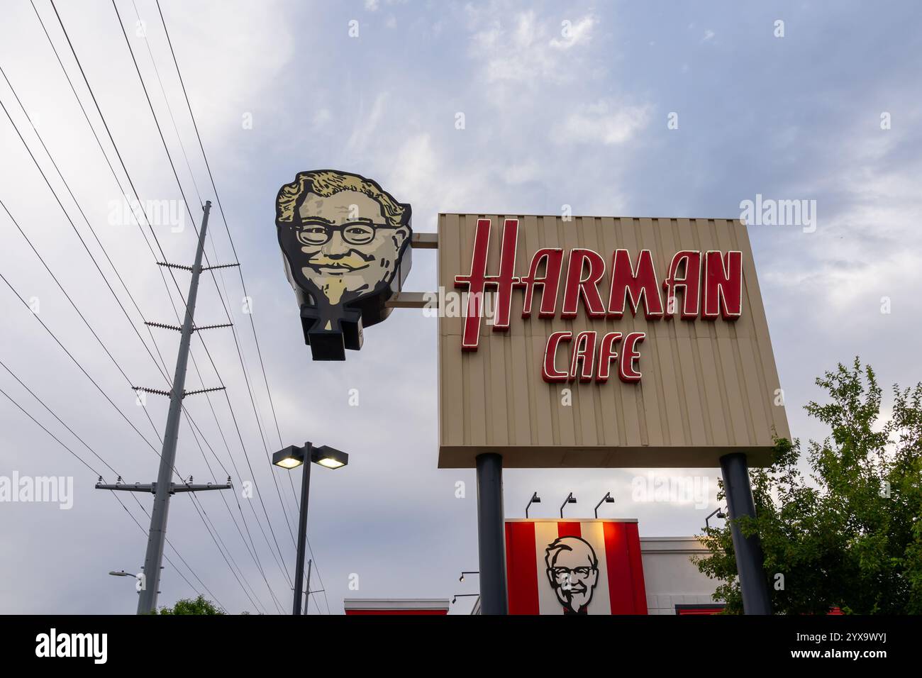 Harman Cafe Schild im World's First KFC (Kentucky Fried Chicken) Restaurant in Salt Lake City, Utah, USA Stockfoto