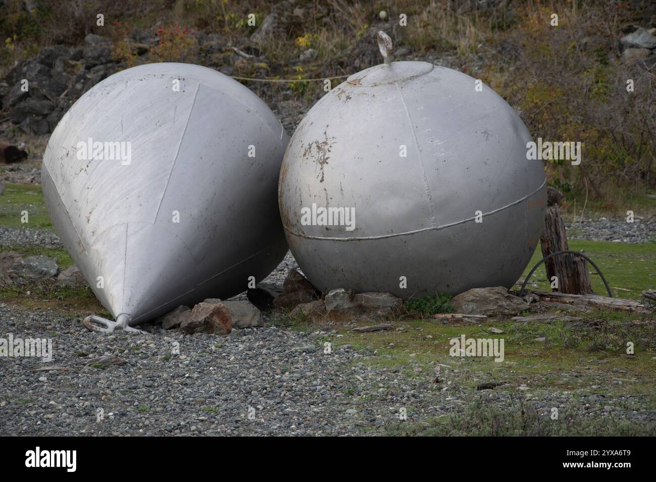 Stahl schwimmt am Strand an der Fort Rodd Hill & Fisgard Lighthouse National Historic Site in Victoria, British Columbia, Kanada Stockfoto