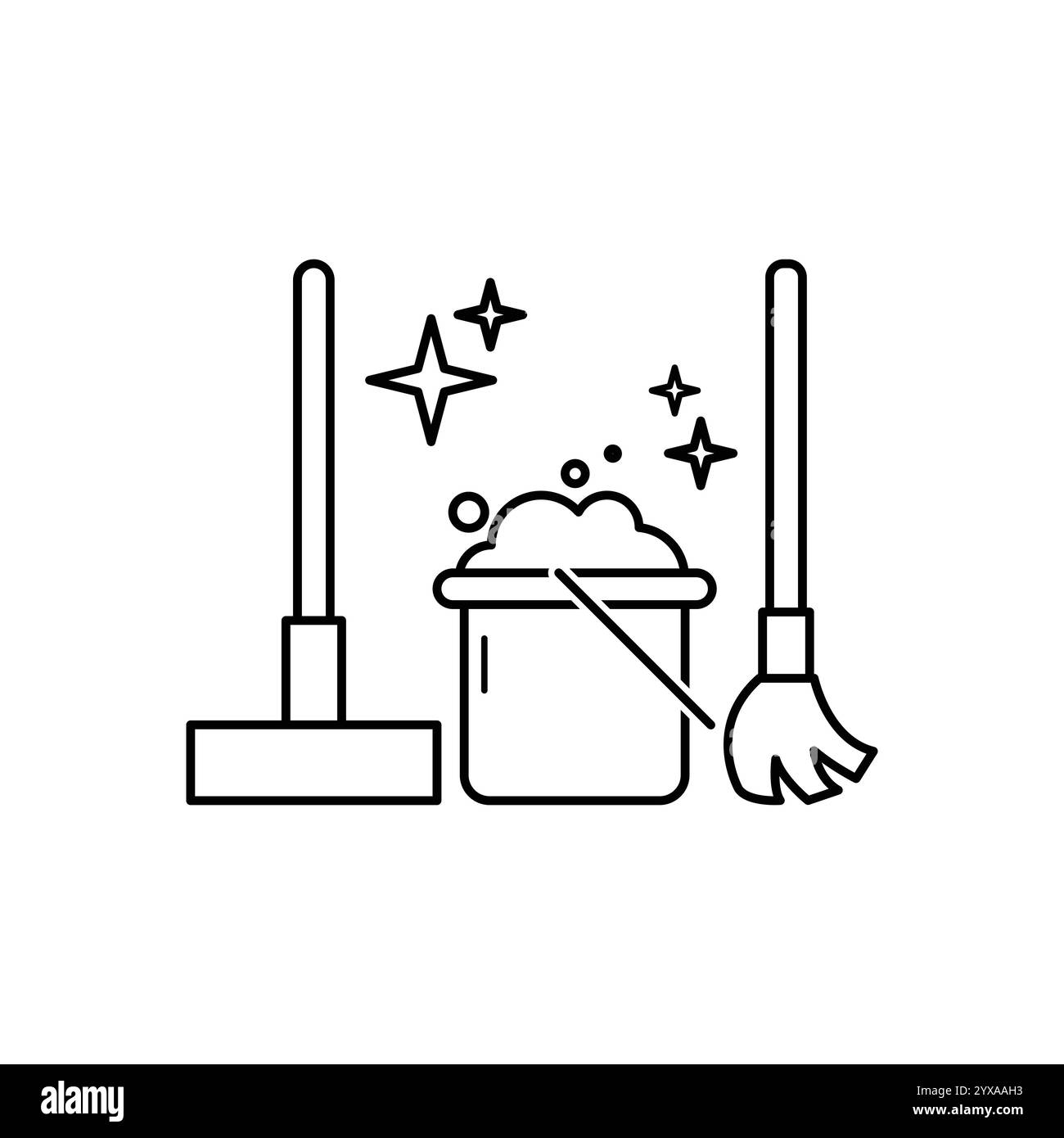 Symbole für Hausreinigung, Besen, Mopp und Eimer. Clean-House-Konzept, dünnes Strichsymbol auf weißem Hintergrund Stock Vektor
