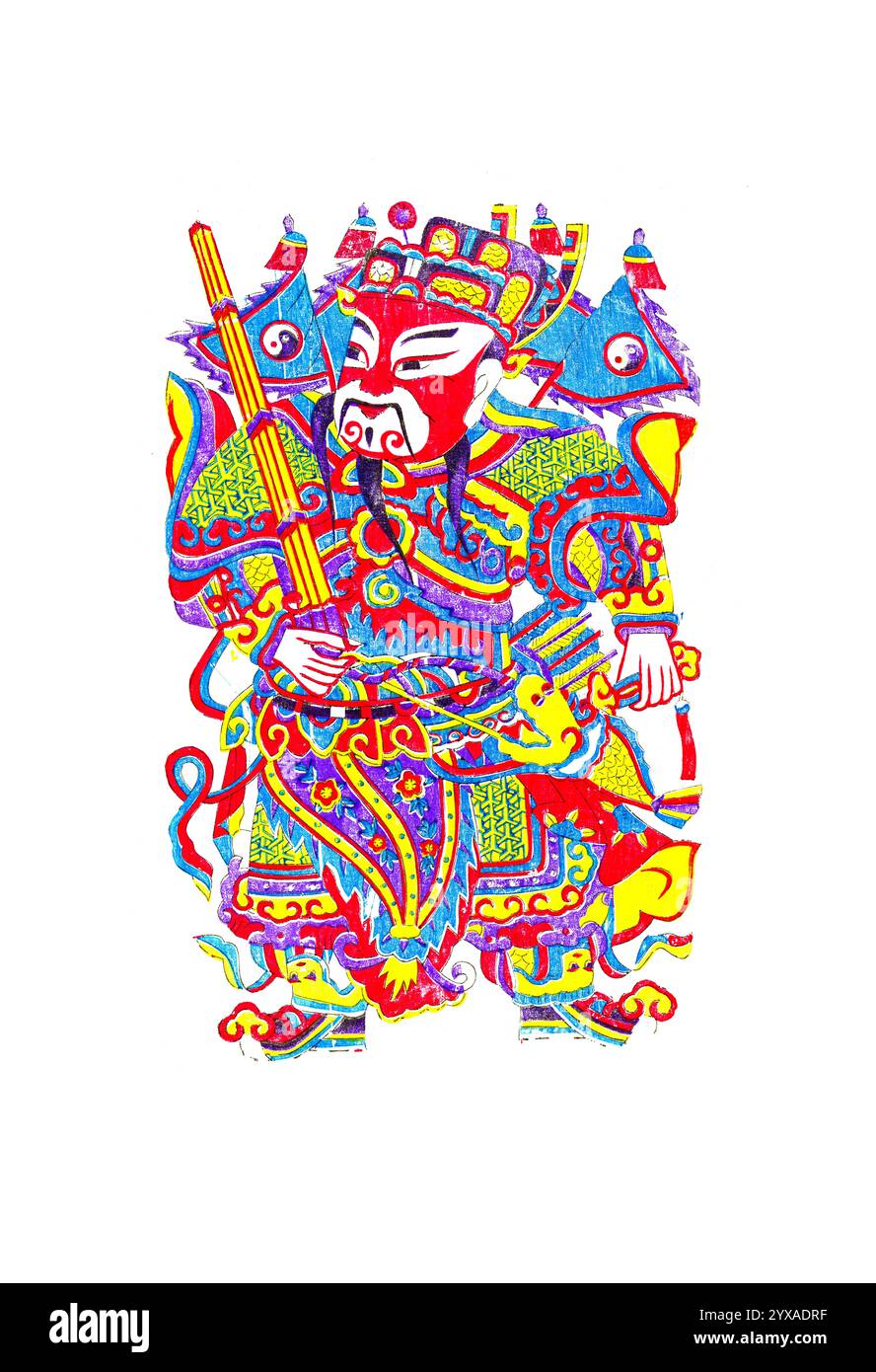 Chinesische Neujahrsgottkunst: Farbenfrohe Darstellung eines traditionellen chinesischen Kriegers aus der Folklore, der einen Speer in einem aufwendigen Kostüm hält Stockfoto