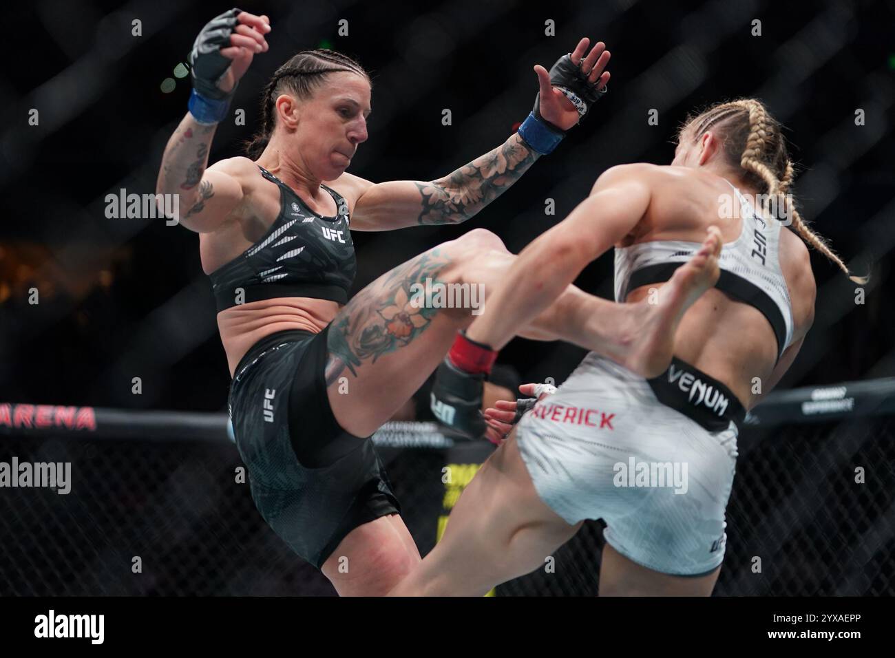 Tampa, Florida, Usa. Dezember 2024. TAMPA, FL -14. DEZEMBER: Miranda Maverick und Jamey-Lyn Horth treffen sich im Achteck für einen 3-Runden-Kampf im Fliegengewicht der Frauen während der UFC Fight Night - Covington gegen Buckley in der Amalie Arena am 14. Dezember 2024 in Tampa, Florida (Foto: Jordan Herald/PxImages) Credit: PX Images/Alamy Live News Stockfoto