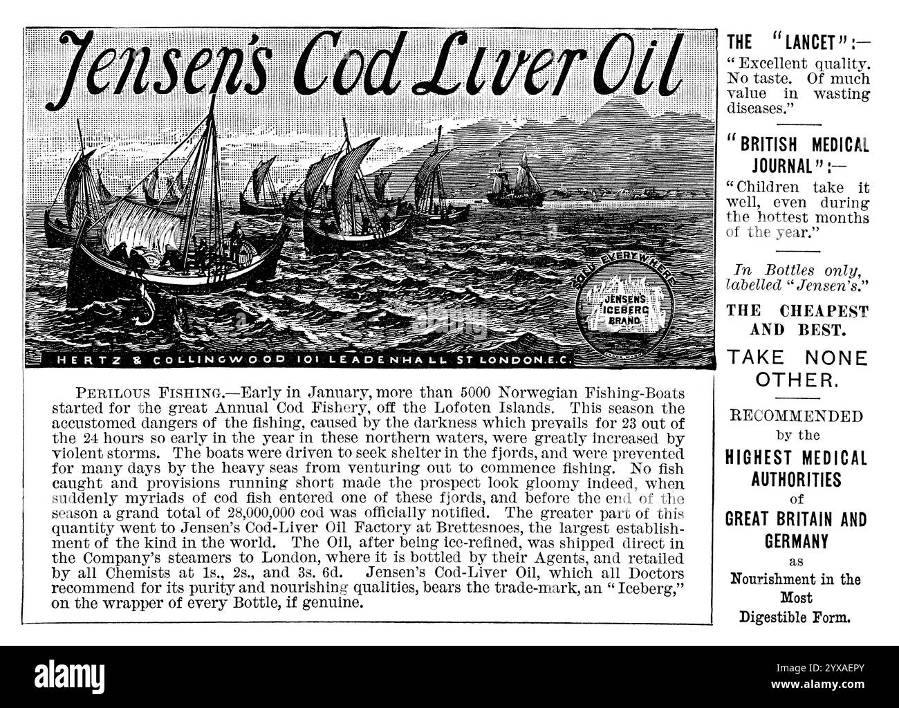 1887 britische Gesundheitswerbung für Jensens Leberöl für Kabeljau. Stockfoto