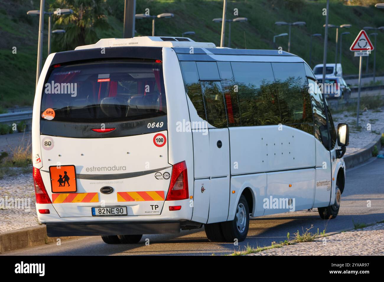 Weißer Schulbus, der am Straßenrand geparkt ist, mit Bäumen, die sich in den getönten Fenstern spiegeln Stockfoto