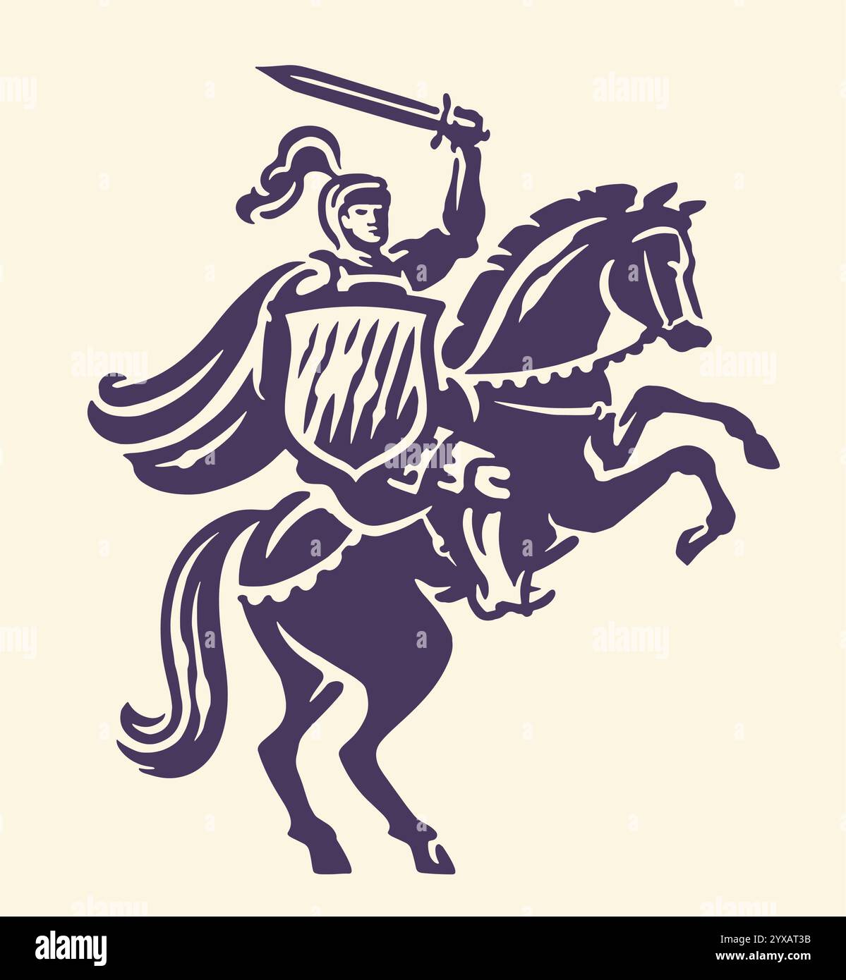 Ritter mit Schwert auf aufziehendem Pferd, Emblem. Krieger, königliches Symbol. Handgezeichnete Vektorgrafik Stock Vektor