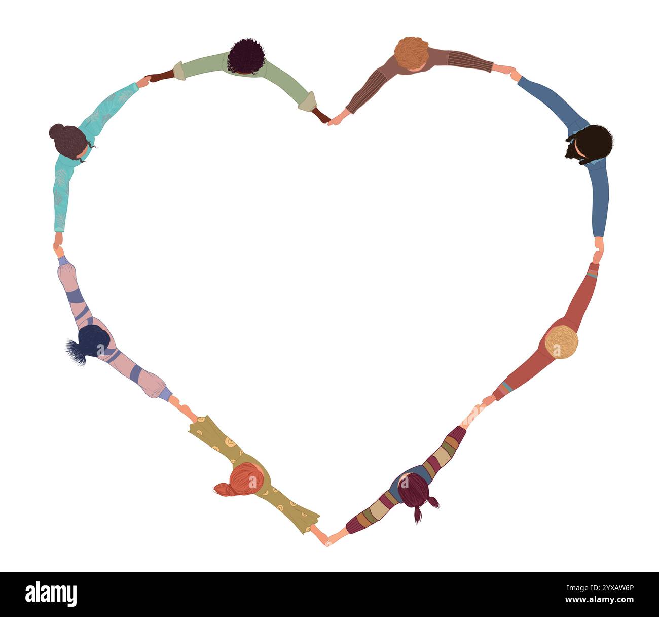 Kette einer Gruppe multikultureller isolierter Menschen von oben gesehen, die Hände halten und eine Herzform bilden. Gemeinschaft von Freiwilligen oder Freunden. Einbeziehung Stock Vektor