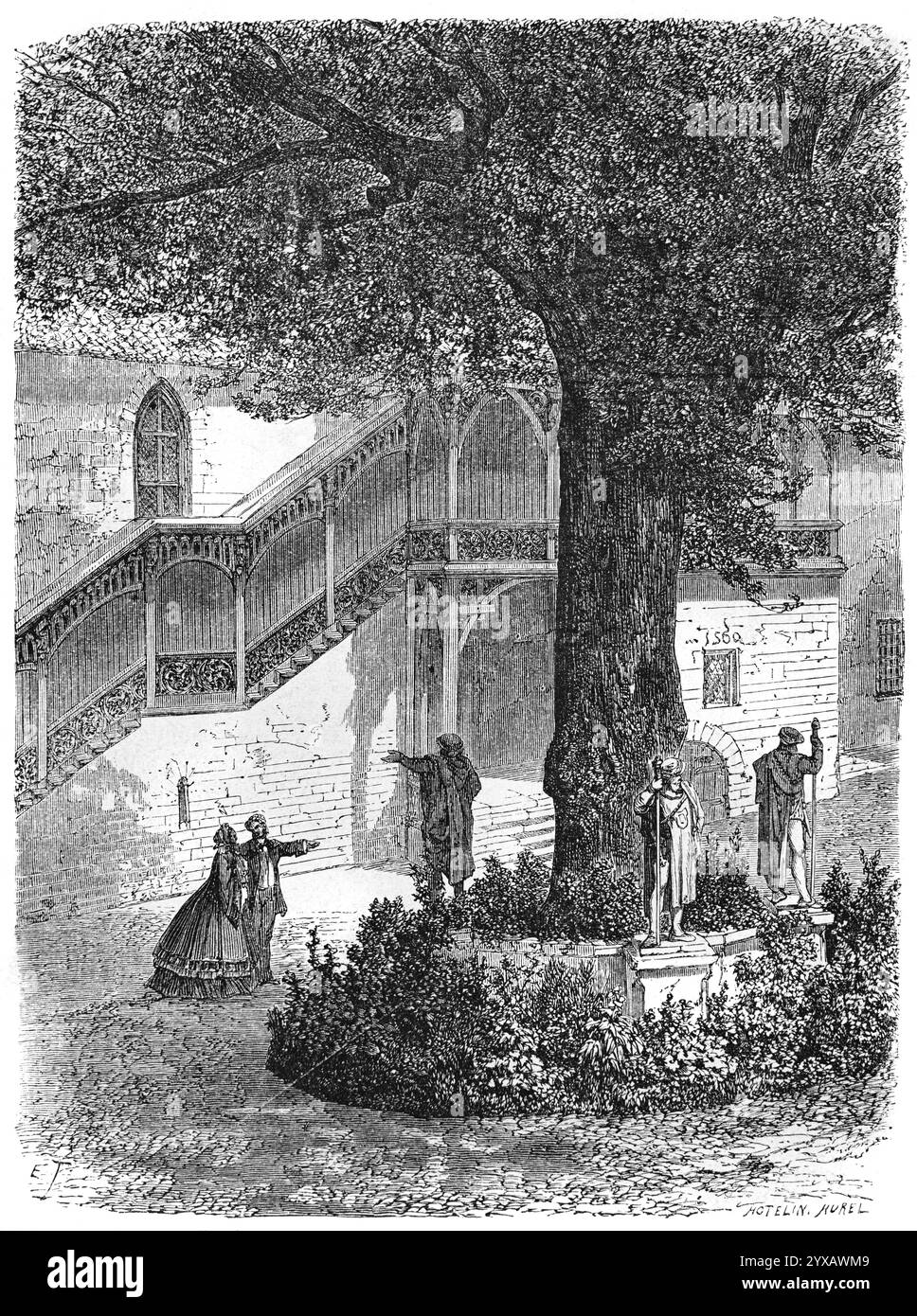 Historisches Hofhaus oder mittelalterliches Stadthaus und Lindenbaum in der Altstadt oder im historischen Stadtteil Nürnberg Bayern Deutschland. Vintage oder historische Gravur oder Illustration 1864 Stockfoto