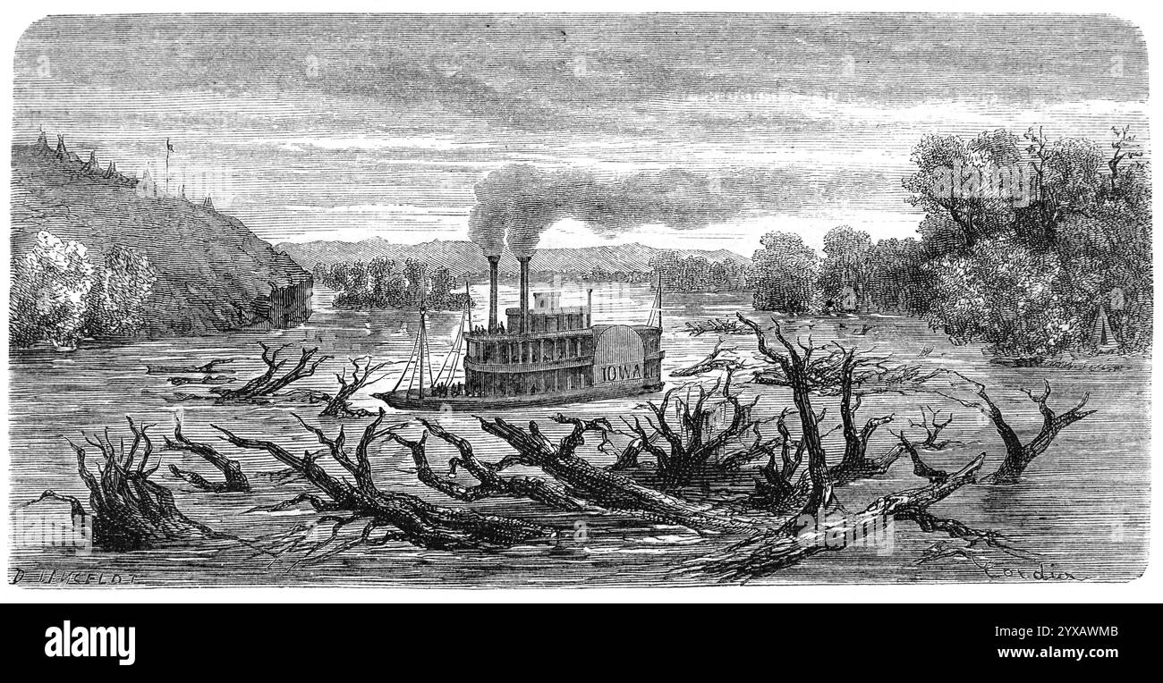 Flussdampfer, Dampfdampfer oder Raddampfer auf dem Missouri, den USA oder den Vereinigten Staaten von Amerika. Vintage oder historische Gravur oder Illustration 1864 Stockfoto