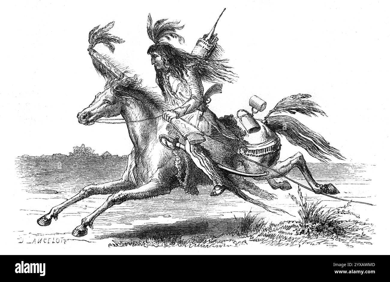 Sioux Warrior oder Reiter USA, USA oder Vereinigte Staaten von Amerika. Vintage oder historische Gravur oder Illustration 1864 Stockfoto