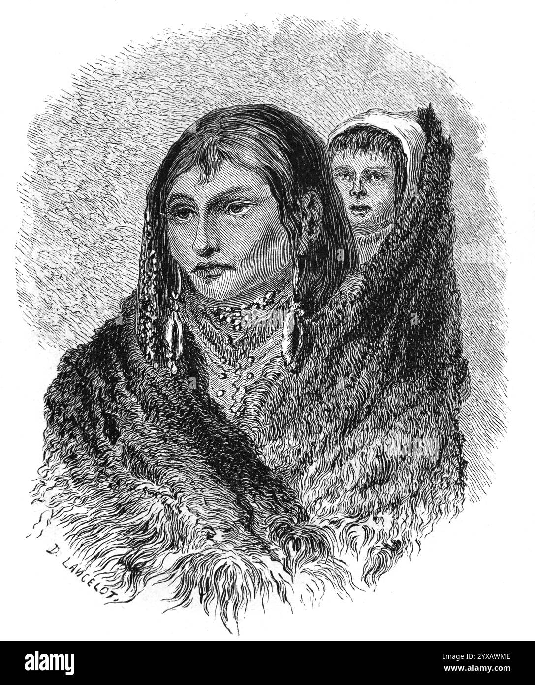 Porträt von Sioux Woman, Squaw oder Mutter und Baby oder Mutter, die ein junges Kind auf dem Rücken trägt, in den USA oder den USA. Vintage oder historische Gravur oder Illustration 1864 Stockfoto