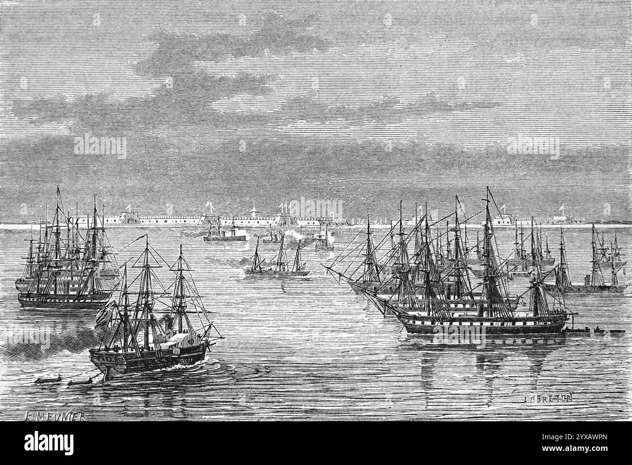 Anglo-französische Flotte, Marinen oder Marinestreitkräfte in der Mündung oder Eingang zum Hai Fluss, alias Peiho, Pei Ho oder Hai Ho, in der Bohai-See nahe Tianjin während des Zweiten Opiumkrieges (1856–1862) alias der zweite Anglo-Chinesische Krieg oder Pfeilkrieg, China. Vintage oder historische Gravur oder Illustration 1864 Stockfoto