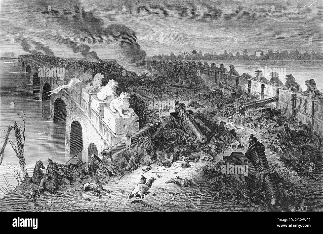 Schlacht von Baliqiao am 21. September 1860, während des Zweiten Opiumkrieges zwischen chinesischen und englisch-französischen Armeen, auf der Brücke von Baliqiao, auch bekannt als Yongtongqiao oder Palikao, eine historische Brücke über dem Tonghui-Fluss in Peking. Vintage oder historische Gravur oder Illustration 1864 Stockfoto