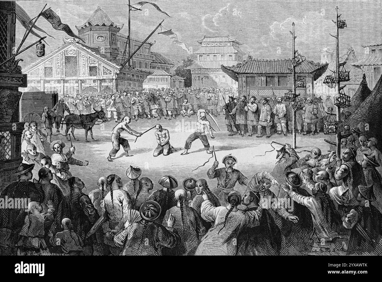 Öffentliche Hinrichtung durch Enthauptung des chinesischen Beamten, Bürokraten oder Madarin Sou Chouen oder Su Tchouen, auf dem Altstadtplatz, der Altstadt oder dem historischen Bezirk Peking, heute Peking China. Vintage oder historische Gravur oder Illustration 1864 Stockfoto