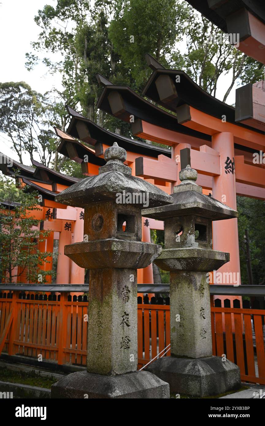 Traditionelle japanische Tachi-dōrō Steinlaternen auf dem Gelände des Shinto-Schreins Fushimi inari-taisha in Kyoto, Japan. Stockfoto