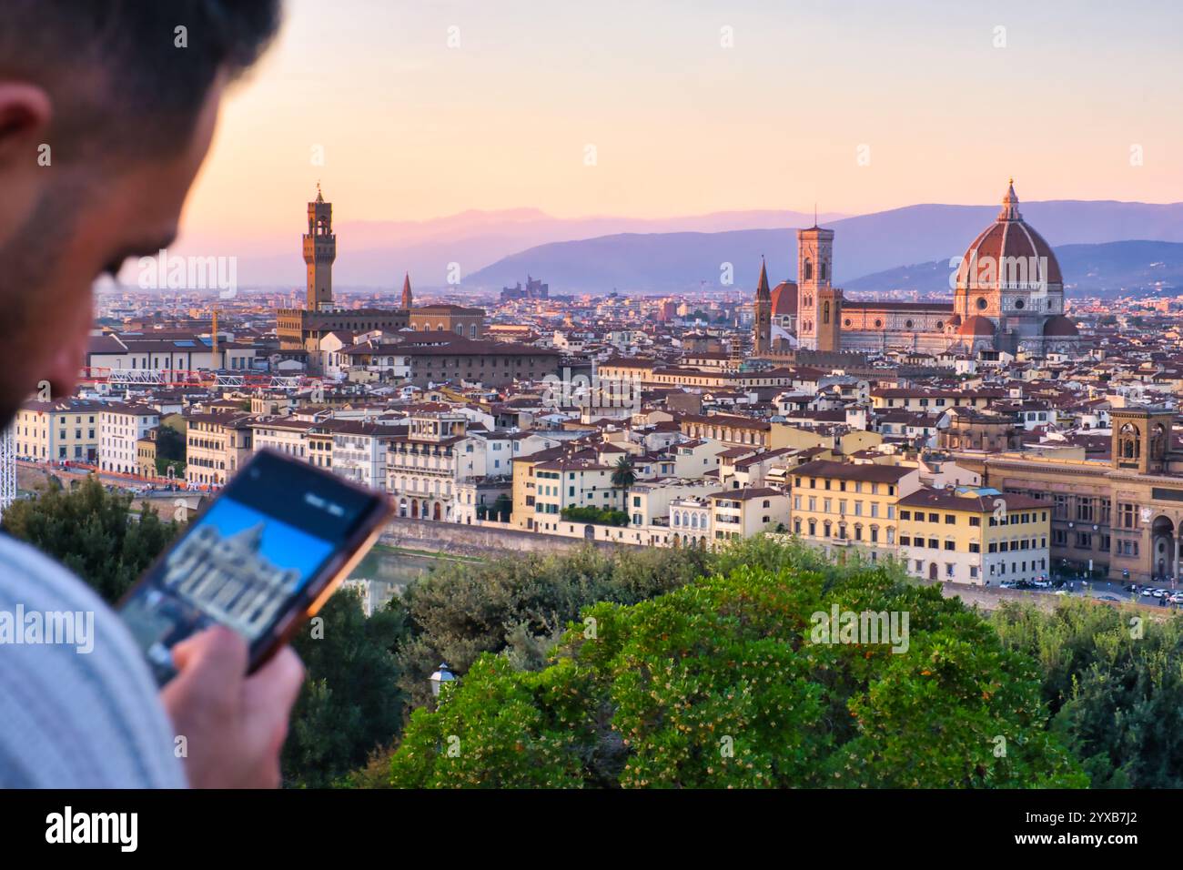 Blick auf Florenz in der Abenddämmerung Stockfoto