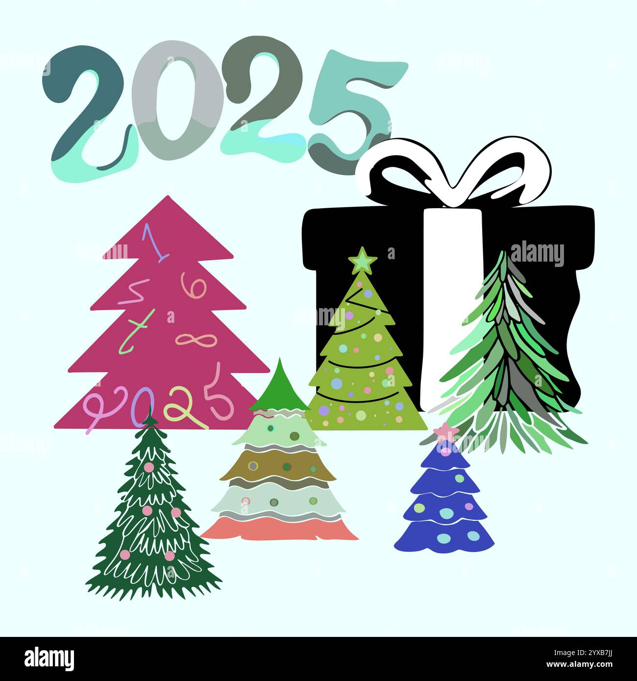 Glückwunschillustration mit Weihnachtsbäumen und einem Geschenk Stock Vektor