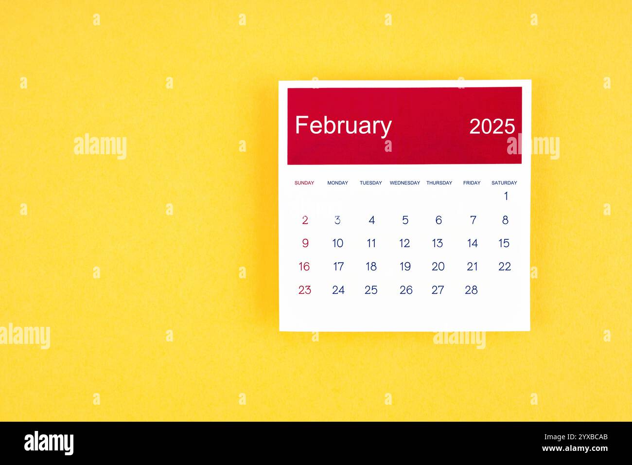 Kalenderseite Februar 2025 auf gelbem Hintergrund. Stockfoto