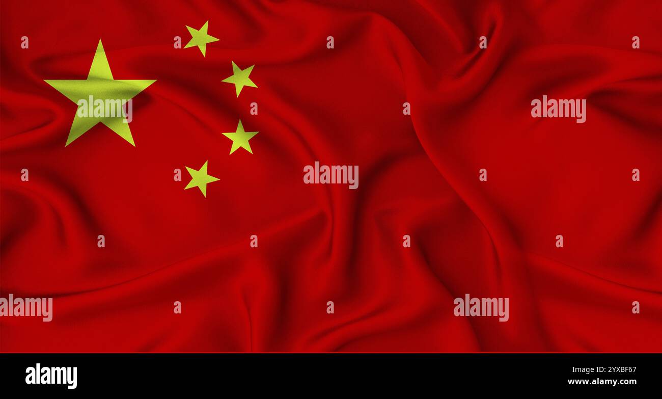 Nahaufnahme der Flagge von China mit Stoffstruktur. Realistische China-Flagge schwenkt Stockfoto