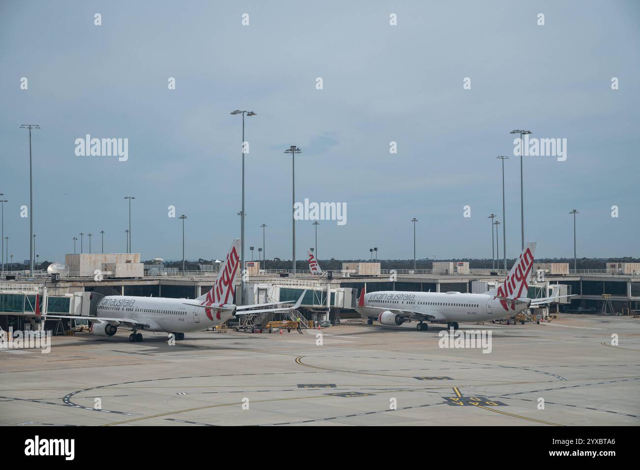 02.11.2024, Melbourne, Victoria, Australien - Boeing 737-800 Passagierflugzeuge der australischen Fluggesellschaft Virgin Atlantic parken an ihren Flugsteigen am internationalen Flughafen Melbourne Tullamarine. Virgin Australia Airlines Pty. Ltd. Ist eine australische Fluggesellschaft mit Sitz in Brisbane und Basis auf dem Flughafen Brisbane. *** 02 11 2024, Melbourne, Victoria, Australien Boeing 737 800 Passagierflugzeuge der australischen Fluggesellschaft Virgin Atlantic Park am Flughafen Melbourne Tullamarine Virgin Australia Airlines Pty Ltd ist eine australische Fluggesellschaft Stockfoto