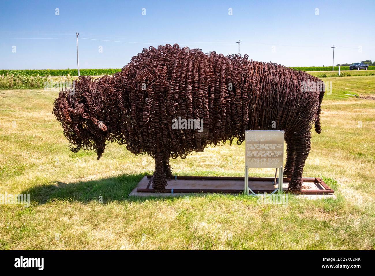 Holdrege, Nebraska - Büffelkunst vor dem Nebraska Prairie Museum. Der Büffel wurde aus zwei Meilen Stacheldraht gebaut, der auf der Farm fenc verwendet wurde Stockfoto