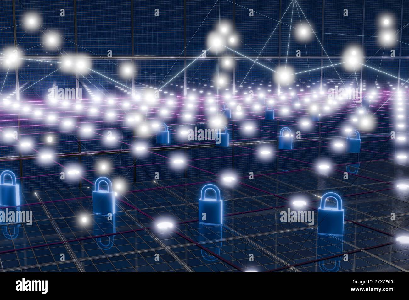 Abstrakte digitale Landschaft mit leuchtenden Knoten und Sperren, die Themen der Cybersicherheit darstellen. 3D-Rendering Stockfoto