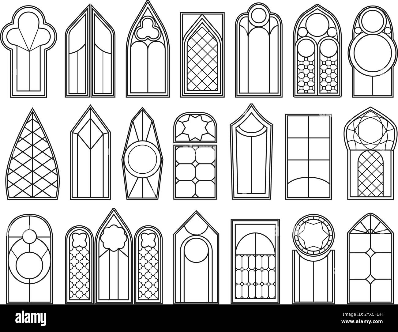 Skizzieren Sie gotische Fenster. Buntglasschablonen, bogenförmige Formen und geometrische Fensterrahmen. Minimalistische, lineare Kirchenglaskunst Stock Vektor