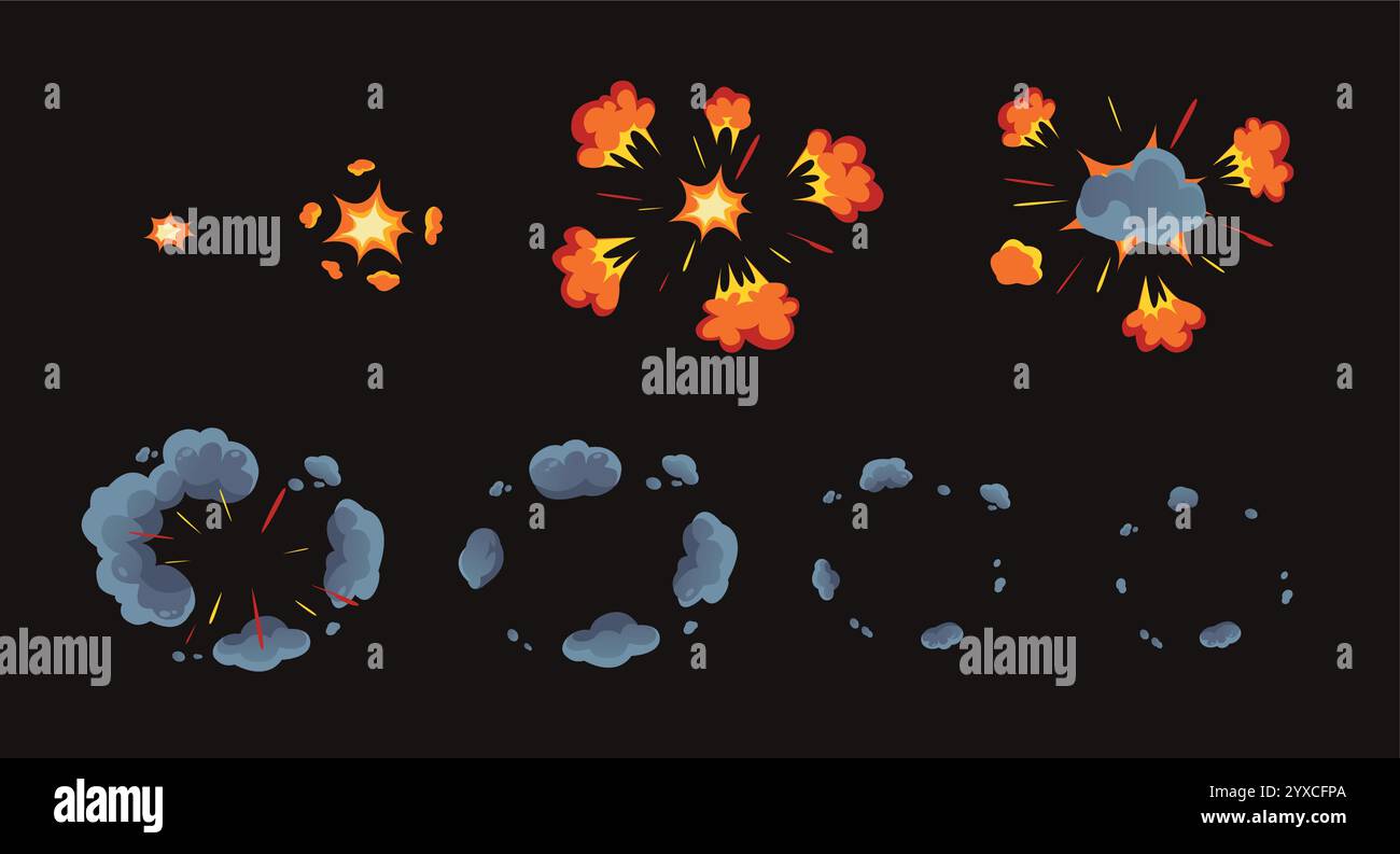 Animation zur Radialbombenexplosion. Dynamischer Feuerstrahl mit sich ausbreitenden Rauchwolken und leuchtenden Funken. Explosiver Aufpralleffekt animiert Stock Vektor