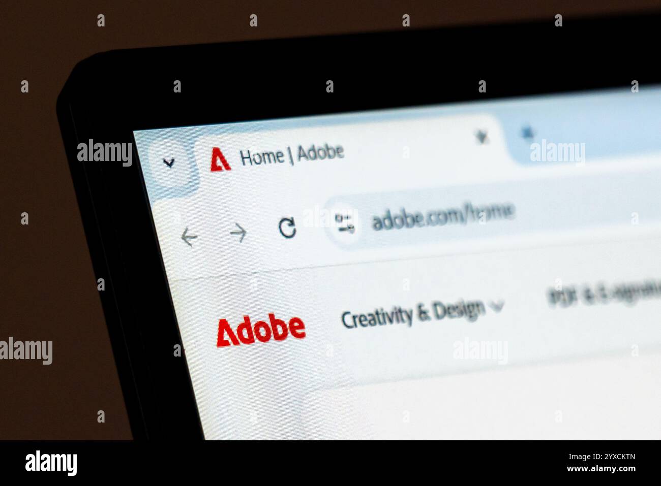 New York, USA – 15. Dezember 2024: Die Homepage der Adobe-Website wird auf dem Computerbildschirm mit sichtbarem Logo angezeigt. Online-Plattform für kreative Software Stockfoto